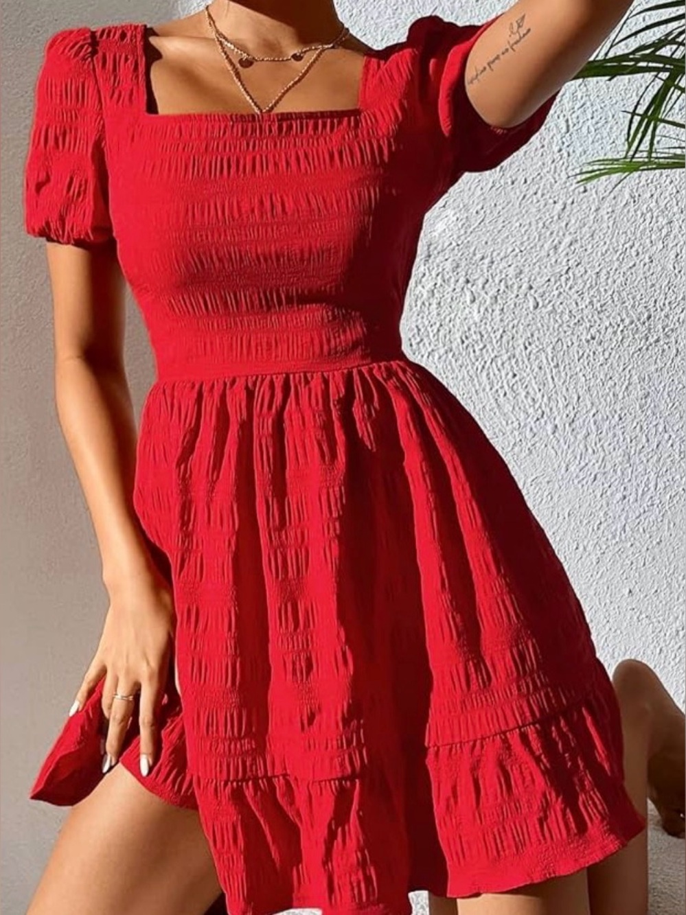 SHEIN Red Smocked Square-Neck Mini Dress
